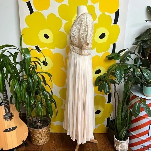Dreamy 1960s Cream Metallic Embroidered Grecian Goddess Flowy Empire Waist  Gown
